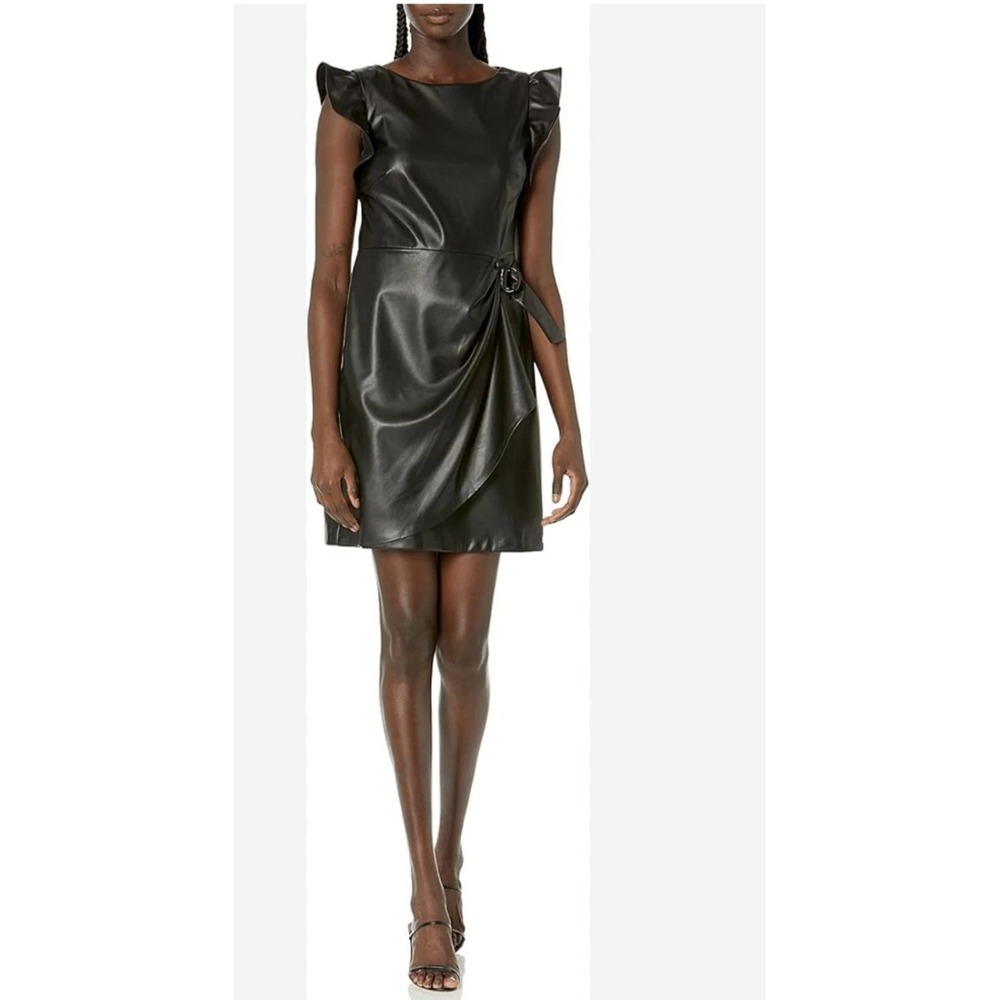 DKNY Faux Leather Dress Women's Size‎ 8 Black Sleeveless Holiday Party